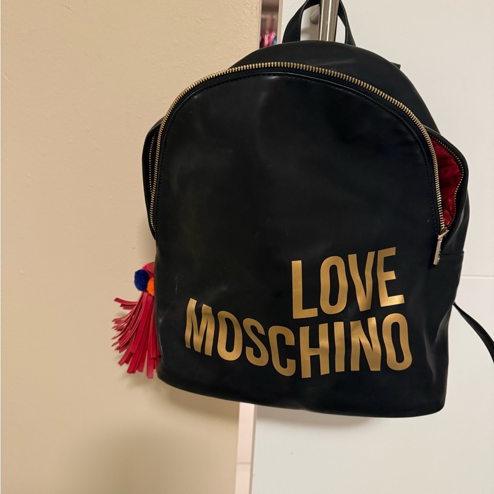 Love Moschino Black Backpack with Gold Logo and Colorful Tassel